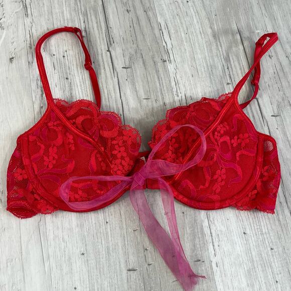 Victorias Secret Red Lace Padded Underwire Front Close Adjustable Strap Bra 36B - Picture 1 of 10